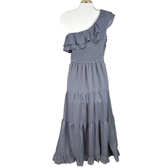 Heartloom‎ Noemi One Shoulder Ruffle Maxi Dress XL Purple Gray Stripe NWT - Picture 11 of 15